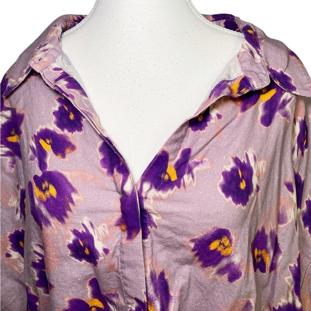 Open Edit Purple Floral Cropped Button Down Short Sleeve Women's Top - Picture 4 of 13